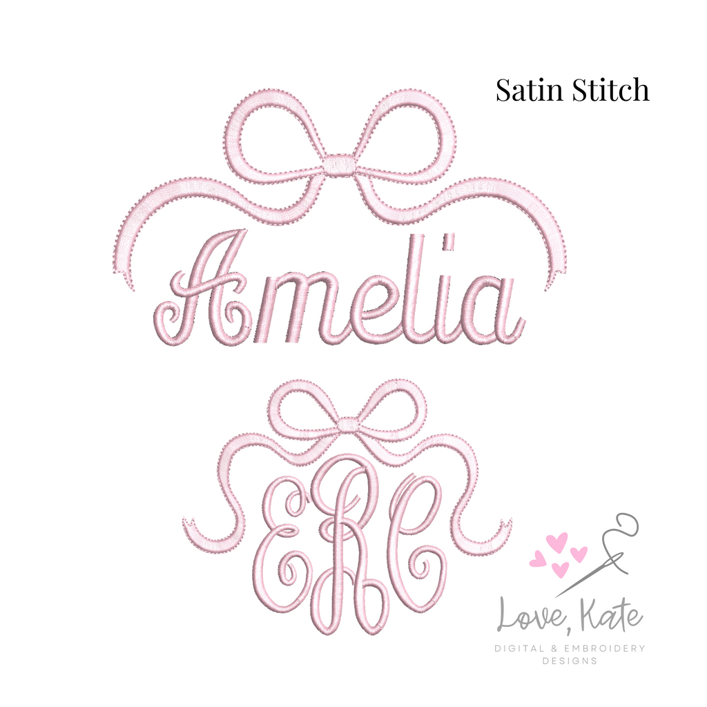 Bow Monogram and Name Topper | Satin Stitch Embroidery Design