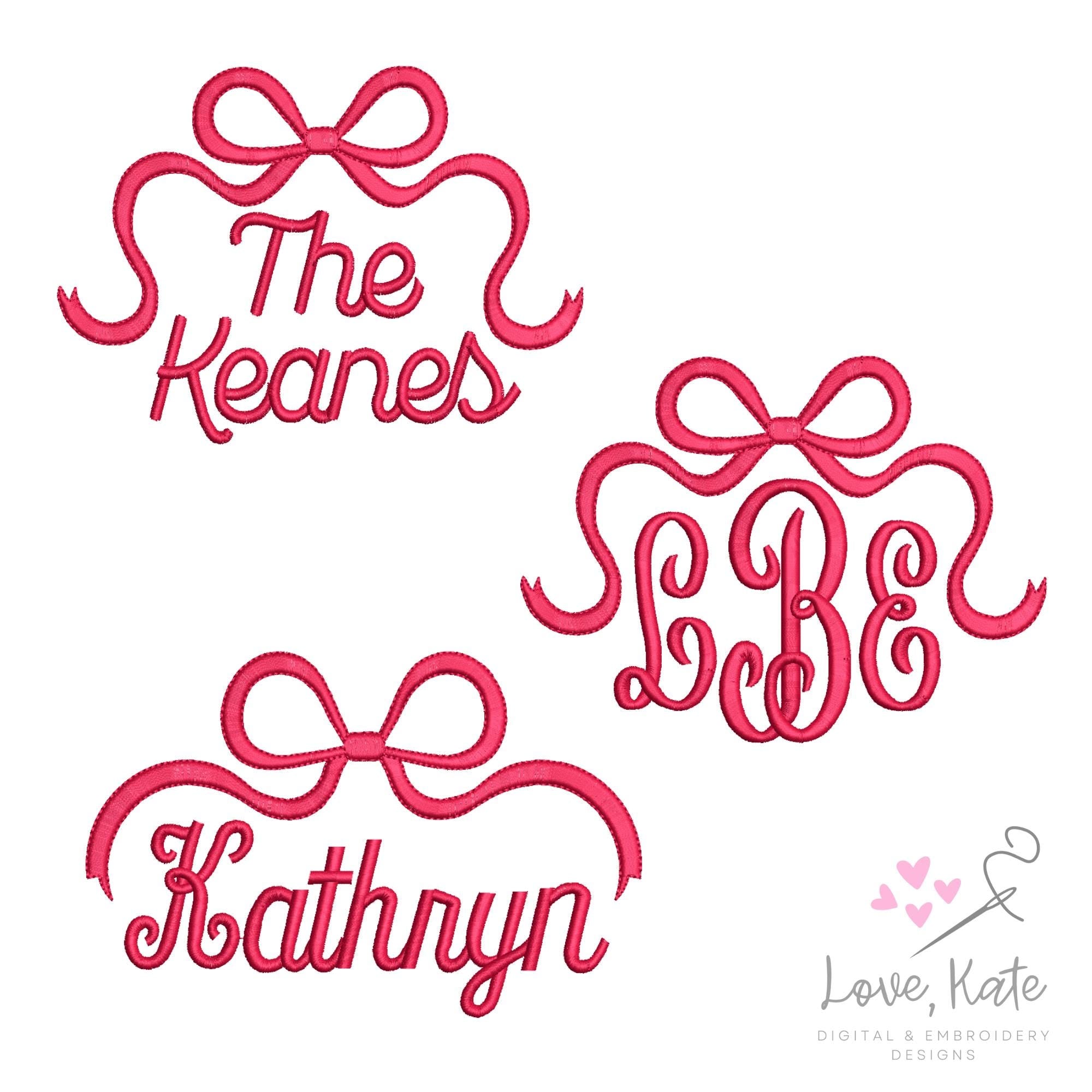 Bow Monogram & Name Toppers Set (Satin Stitch) - 6 Sizes Each